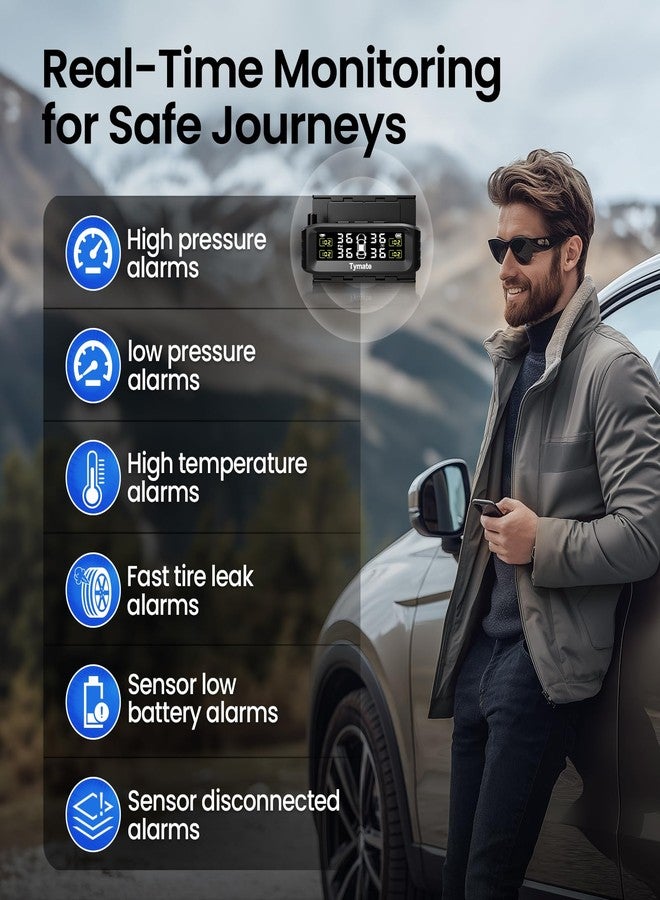 Tymate TM8 Tire Pressure Monitoring System, Wireless Solar TPMS with 4 External Sensors & 6 Alarm Modes, Colorful Display, Easy to Intall on Windshield, Ideal for RV Sedan SUV MPV Truck (0-87 PSI) - Image 2