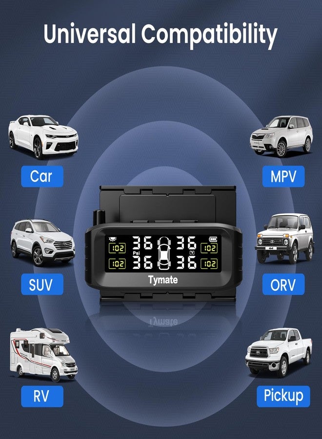 Tymate TM8 Tire Pressure Monitoring System, Wireless Solar TPMS with 4 External Sensors & 6 Alarm Modes, Colorful Display, Easy to Intall on Windshield, Ideal for RV Sedan SUV MPV Truck (0-87 PSI) - Image 5