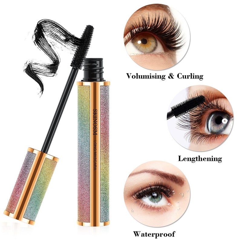 SKINOSM عبوة 2 من ماسكارا سوداء تعطي حجمًا وطولًا يدوم طوال اليوم، ماسكارا ألياف حرير 4D، ماسكارا مقاومة للماء تطيل الرموش بدون تكتل، بدون تلطيخ وسهلة الإزالة - Image 4