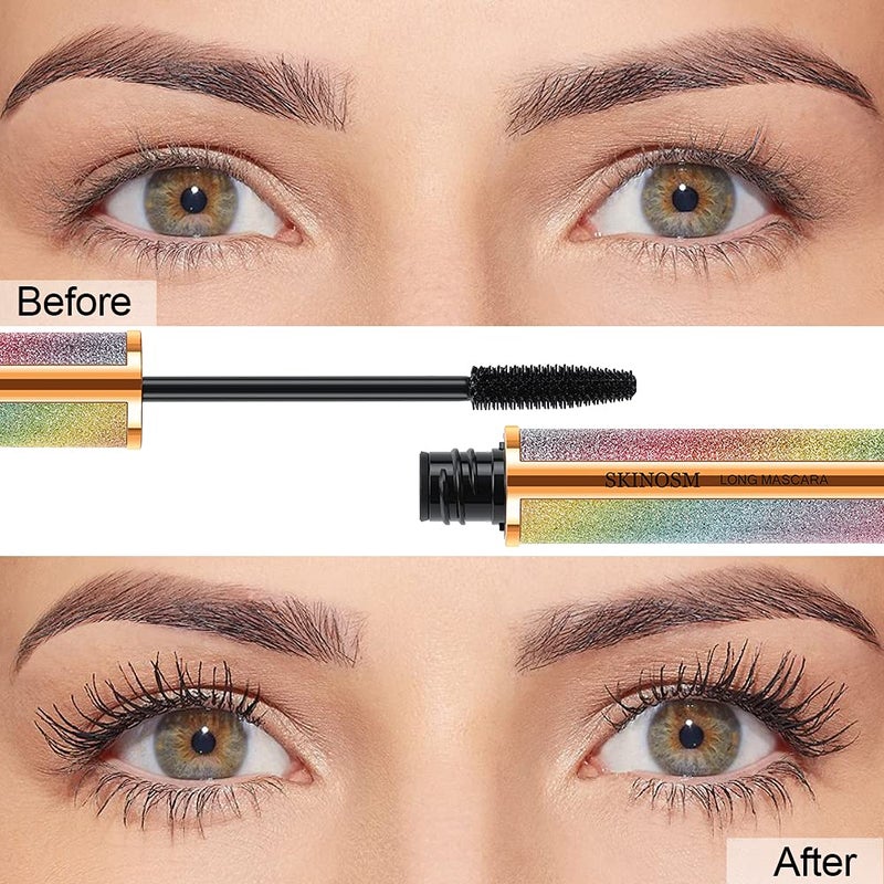 SKINOSM عبوة 2 من ماسكارا سوداء تعطي حجمًا وطولًا يدوم طوال اليوم، ماسكارا ألياف حرير 4D، ماسكارا مقاومة للماء تطيل الرموش بدون تكتل، بدون تلطيخ وسهلة الإزالة - Image 2