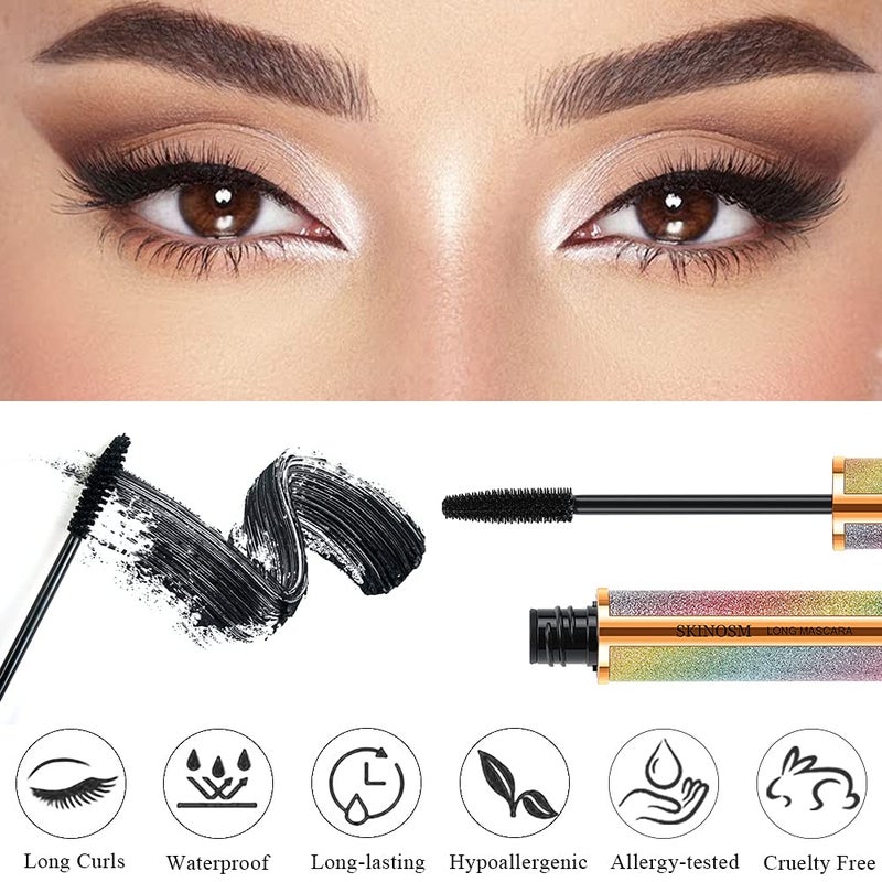 SKINOSM عبوة 2 من ماسكارا سوداء تعطي حجمًا وطولًا يدوم طوال اليوم، ماسكارا ألياف حرير 4D، ماسكارا مقاومة للماء تطيل الرموش بدون تكتل، بدون تلطيخ وسهلة الإزالة - Image 3