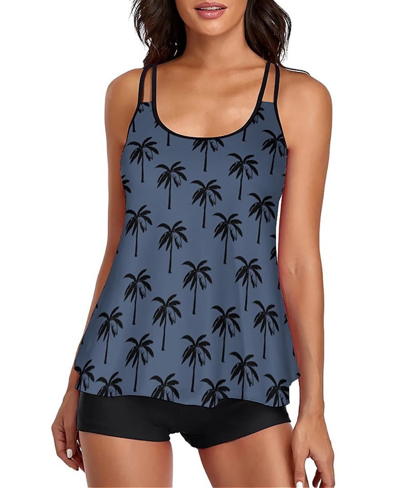 Urchics Stylish Swim Suits for Women Slimming Tankini Set Adjustable Straps 2 Piece Swimwear Tropical Hawaii Beach Pool Party Photoshoot Flattering Hides Belly Perfect for Vacation Navy Black Tree L - Image 1