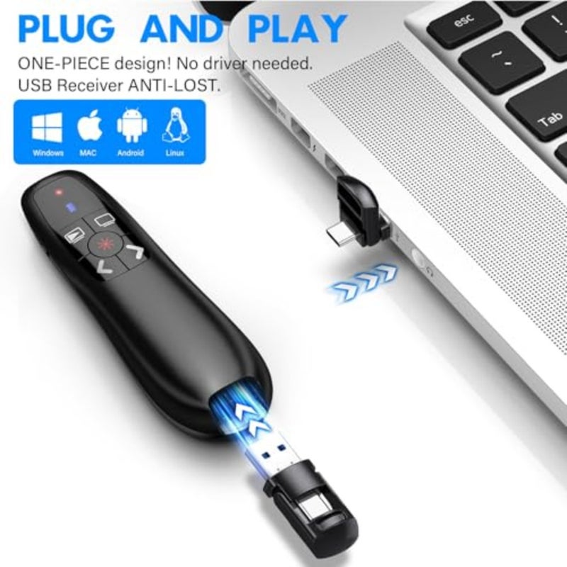 جهاز عرض تقديمي لاسلكي قابل لإعادة الشحن، نطاق 2.4 جيجا هرتز 100 قدم، نوع C وUSB A 2 في 1 مؤشر ليزر عن بعد مع التحكم في مستوى الصوت، لأجهزة الكمبيوتر/Mac/أجهزة الكمبيوتر، وعروض PowerPoint/PPT - Image 5