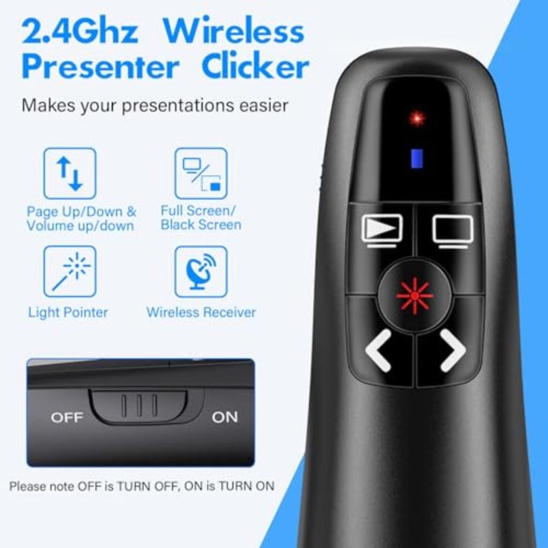 جهاز عرض تقديمي لاسلكي قابل لإعادة الشحن، نطاق 2.4 جيجا هرتز 100 قدم، نوع C وUSB A 2 في 1 مؤشر ليزر عن بعد مع التحكم في مستوى الصوت، لأجهزة الكمبيوتر/Mac/أجهزة الكمبيوتر، وعروض PowerPoint/PPT - Image 2