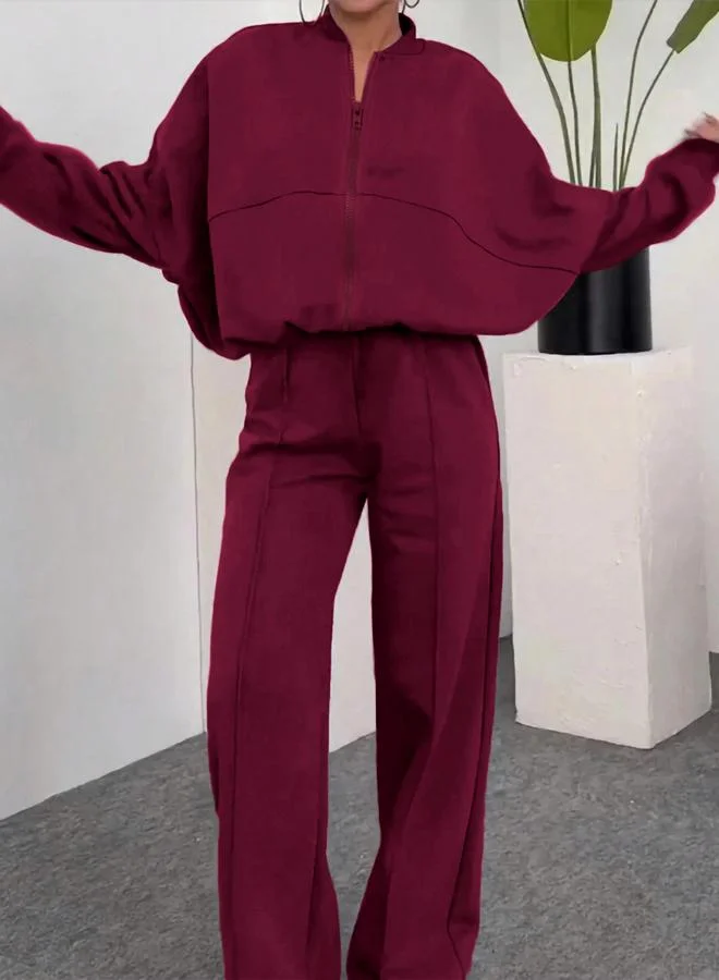 تايك تو طقم جاكيت وبنطال بأرجل واسعة بورجوندي للنساء
