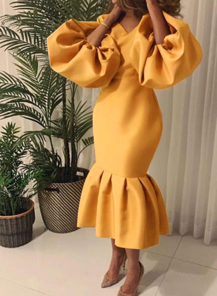 Loquat Solid V-neck Bubble Long Sleeve Fishtail Skirt Yellow 