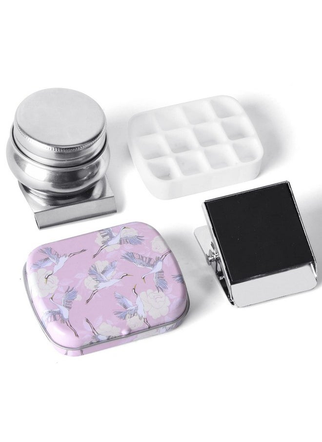 Qianshan Portable Mini Tin Box 12Well Empty Watercolor Palette Small Paint Storage Travel Artist Outdoor Sketch Watercolor Kits With Magnetic Clip And Oil Pot. Pink Crane  - Image 1
