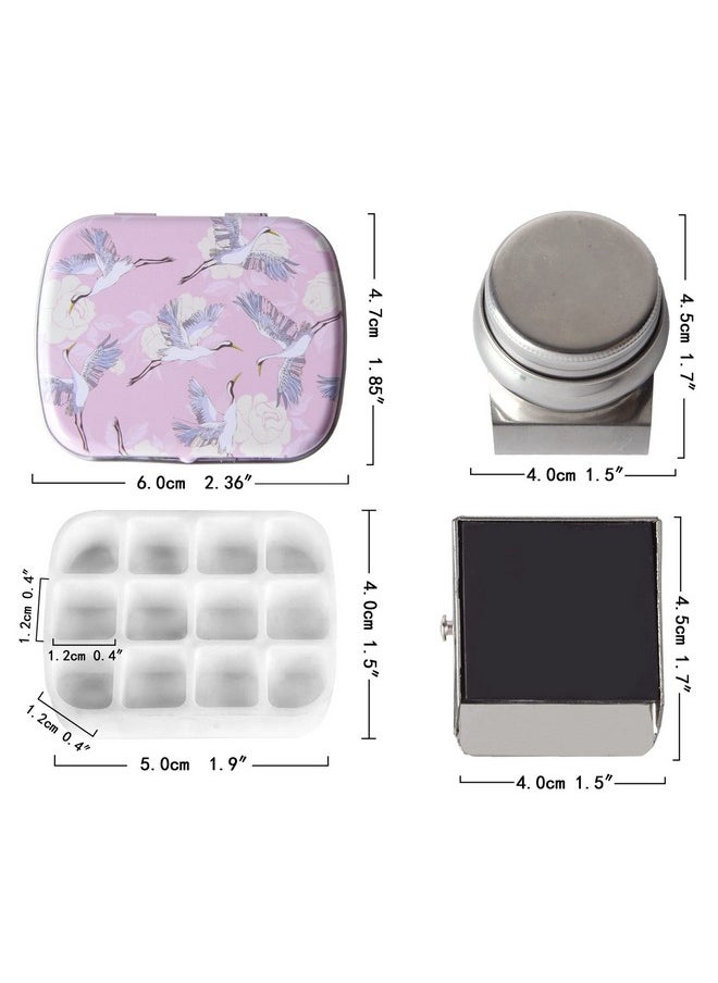 Qianshan Portable Mini Tin Box 12Well Empty Watercolor Palette Small Paint Storage Travel Artist Outdoor Sketch Watercolor Kits With Magnetic Clip And Oil Pot. Pink Crane  - Image 3