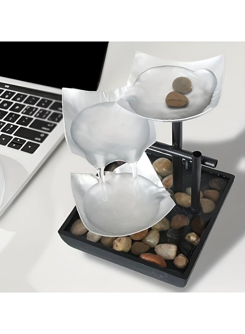 Small decorative water fountain with a three-cup waterfall design, LED lighting, and decorative pebbles – powered by electricity or battery – a calming water feature for the office, bedroom, or home to relieve stress and relax. - Image 2