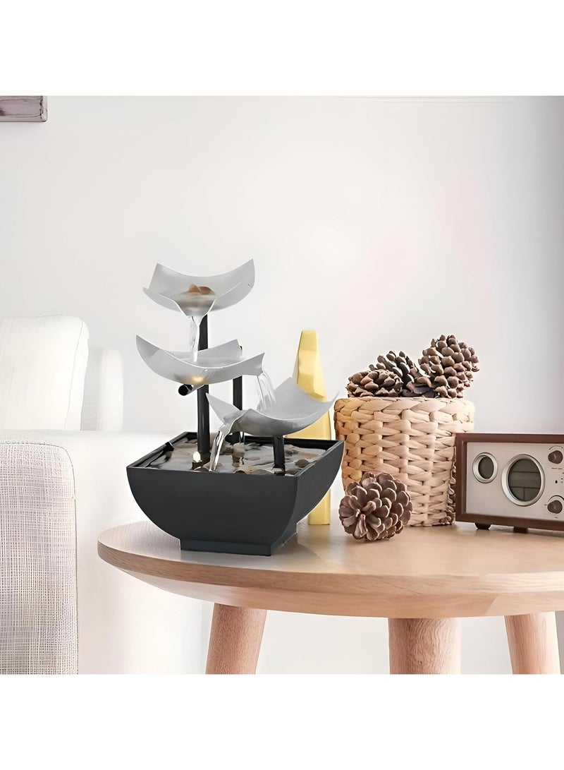 Small decorative water fountain with a three-cup waterfall design, LED lighting, and decorative pebbles – powered by electricity or battery – a calming water feature for the office, bedroom, or home to relieve stress and relax. - Image 3