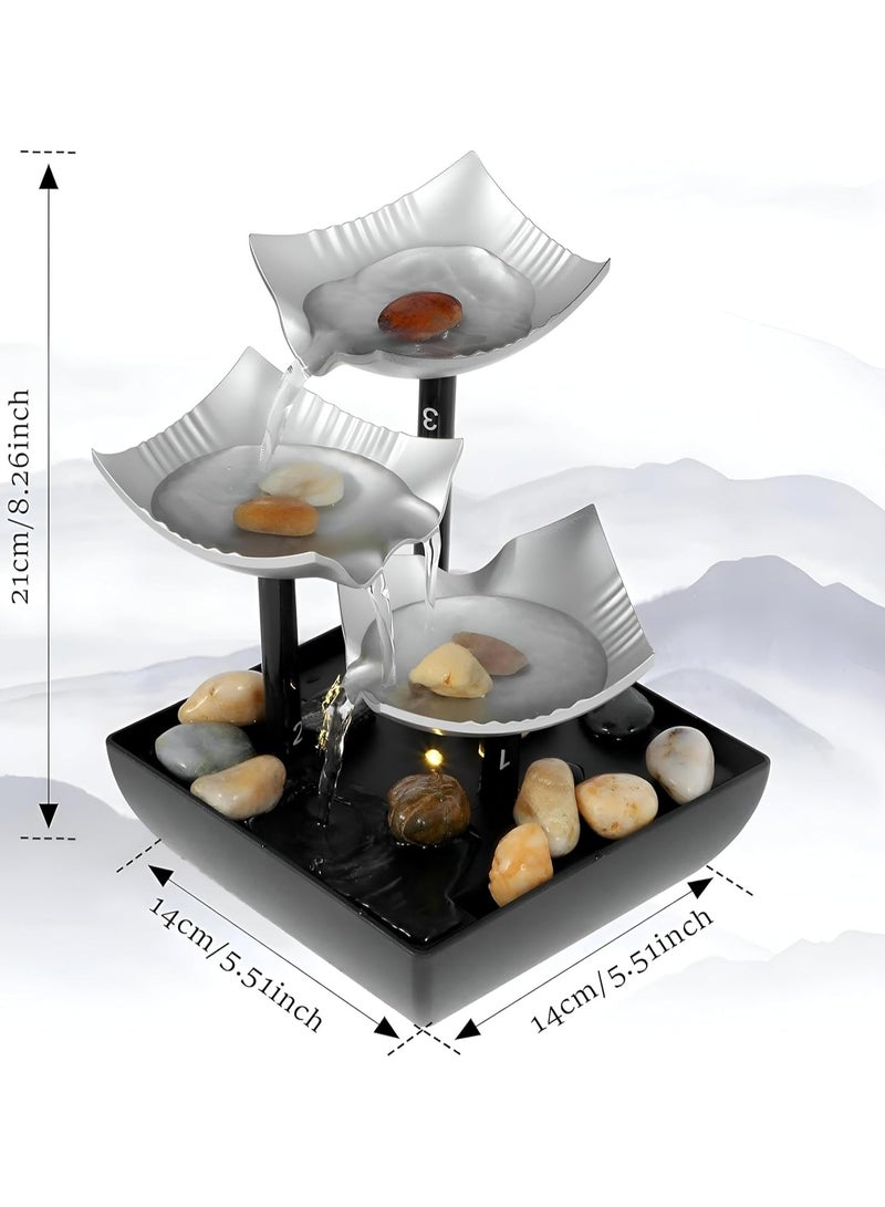 Small decorative water fountain with a three-cup waterfall design, LED lighting, and decorative pebbles – powered by electricity or battery – a calming water feature for the office, bedroom, or home to relieve stress and relax. - Image 4