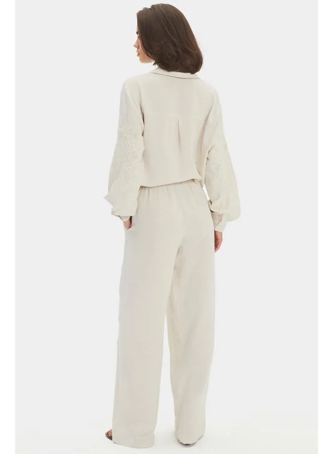 JUNE June Women Exclusive Linen Blend Wide Leg Elastic Waist Embroidered Detailed Trouser Ecru