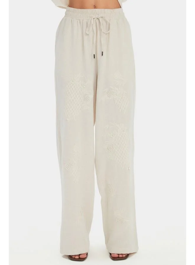 JUNE June Women Exclusive Linen Blend Wide Leg Elastic Waist Embroidered Detailed Trouser Ecru