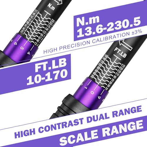 ANPUDS 1/2 Inch Drive Click Torque Wrench,10-170 Ft-Lb/13.6-230.5 Nm,Dual direction Adjustable Torque Wrench with Dual Range Scales, 72 Tooth, ±3% High Precision for Moto,Car Maintenance - Image 2