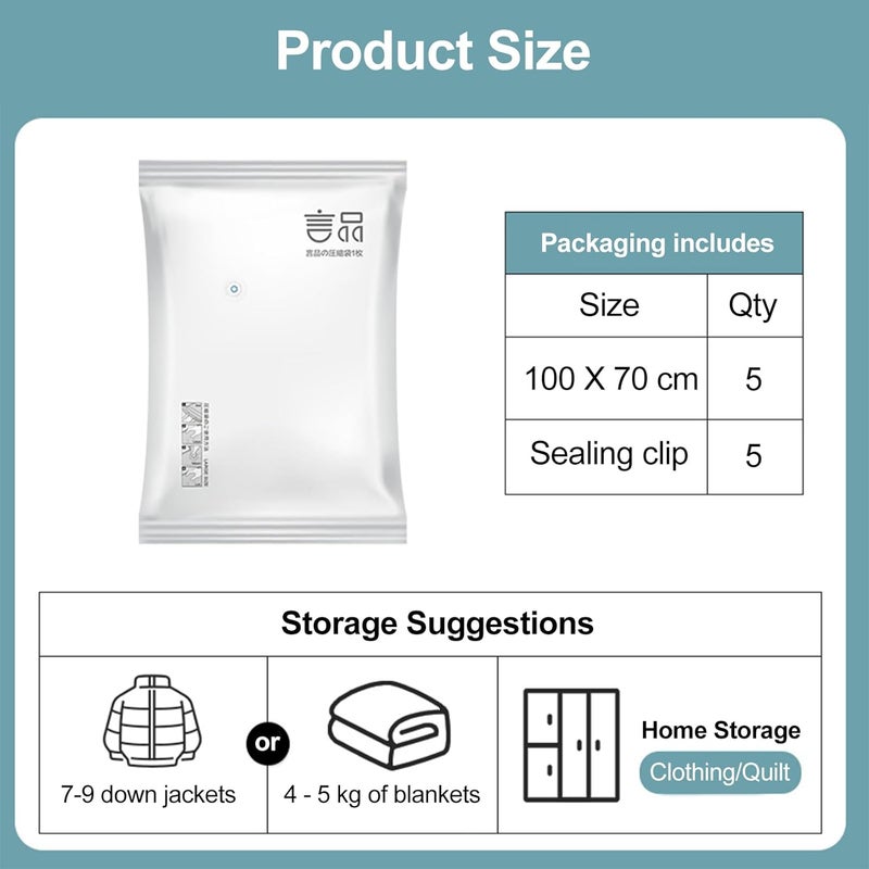 Vacuum Storage Bags, 70x50cm Space Saver Sealer Bags, Airtight Compression Bags for Clothes, Pillows, Comforters, Blankets, Bedding 5Pcs - Image 3