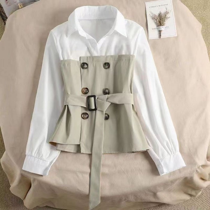 MG Elephant New Ladies Boutique Small Stitching POLO Collar Irregular Hem Lace-up Waist Long Sleeve Shirt Khaki