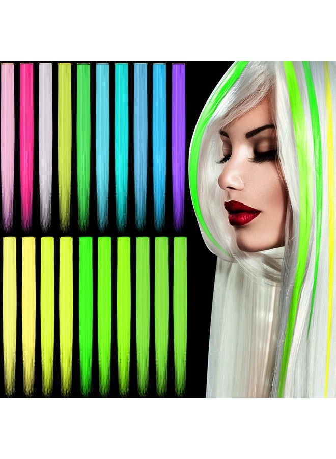 Juinte 20 Pcs Glow in the Dark Hair Extensions Clip Luminous Colored Hairpieces Party Rainbow Hair Clips Synthetic Neon Fake Hair Clips Hair Accessories for DIY Women Kids Girls, 10 Color (Straight Hair) - Image 1