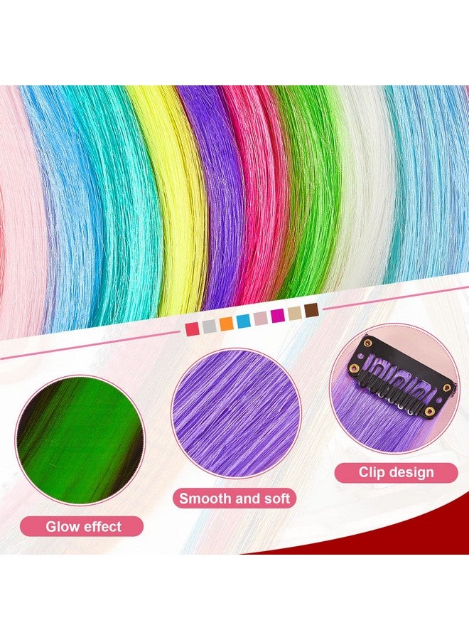 Juinte 20 Pcs Glow in the Dark Hair Extensions Clip Luminous Colored Hairpieces Party Rainbow Hair Clips Synthetic Neon Fake Hair Clips Hair Accessories for DIY Women Kids Girls, 10 Color (Straight Hair) - Image 3