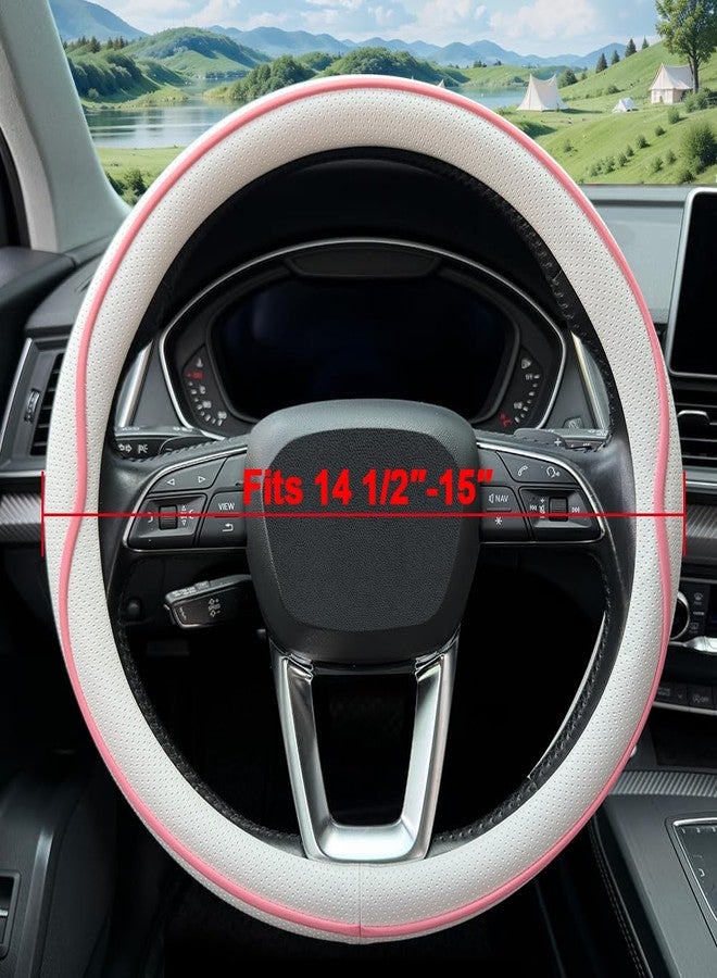 HAOTULE Leather Steering Wheel Cover， with Anti-Slip Stripe Design - Enhanced Grip, Fashion Style, Safe, Non-Slip, Breathable. Upgrade car Interior（White Pink） - Image 2