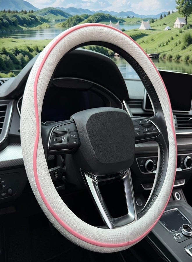 HAOTULE Leather Steering Wheel Cover， with Anti-Slip Stripe Design - Enhanced Grip, Fashion Style, Safe, Non-Slip, Breathable. Upgrade car Interior（White Pink） - Image 1