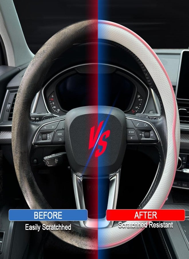 HAOTULE Leather Steering Wheel Cover， with Anti-Slip Stripe Design - Enhanced Grip, Fashion Style, Safe, Non-Slip, Breathable. Upgrade car Interior（White Pink） - Image 5