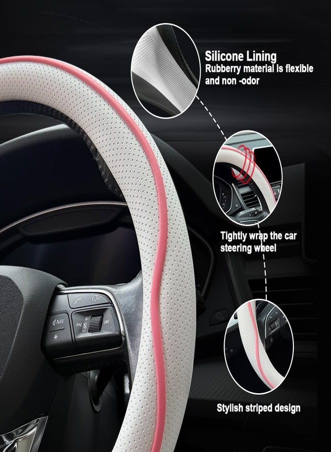 HAOTULE Leather Steering Wheel Cover， with Anti-Slip Stripe Design - Enhanced Grip, Fashion Style, Safe, Non-Slip, Breathable. Upgrade car Interior（White Pink） - Image 4