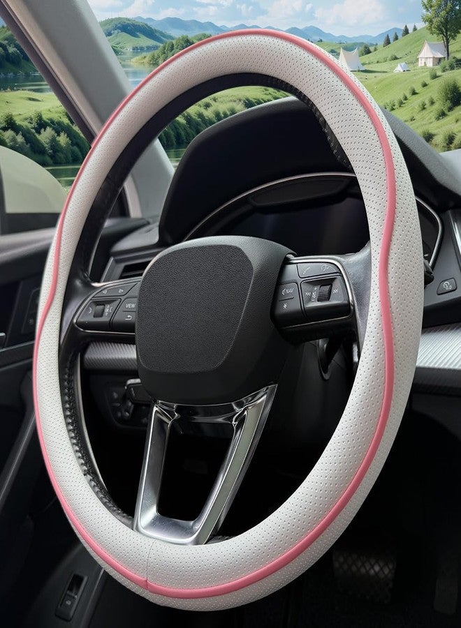 HAOTULE Leather Steering Wheel Cover， with Anti-Slip Stripe Design - Enhanced Grip, Fashion Style, Safe, Non-Slip, Breathable. Upgrade car Interior（White Pink） - Image 3