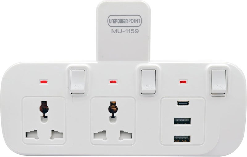 Unipower 5in1 Multi Plug Extension Sockets with 2 way Universal plug 2 USB & 1 C type, Extender Wall Socket - Image 2