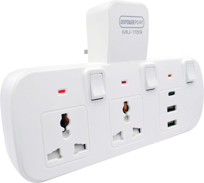Unipower 5in1 Multi Plug Extension Sockets with 2 way Universal plug 2 USB & 1 C type, Extender Wall Socket - Image 3