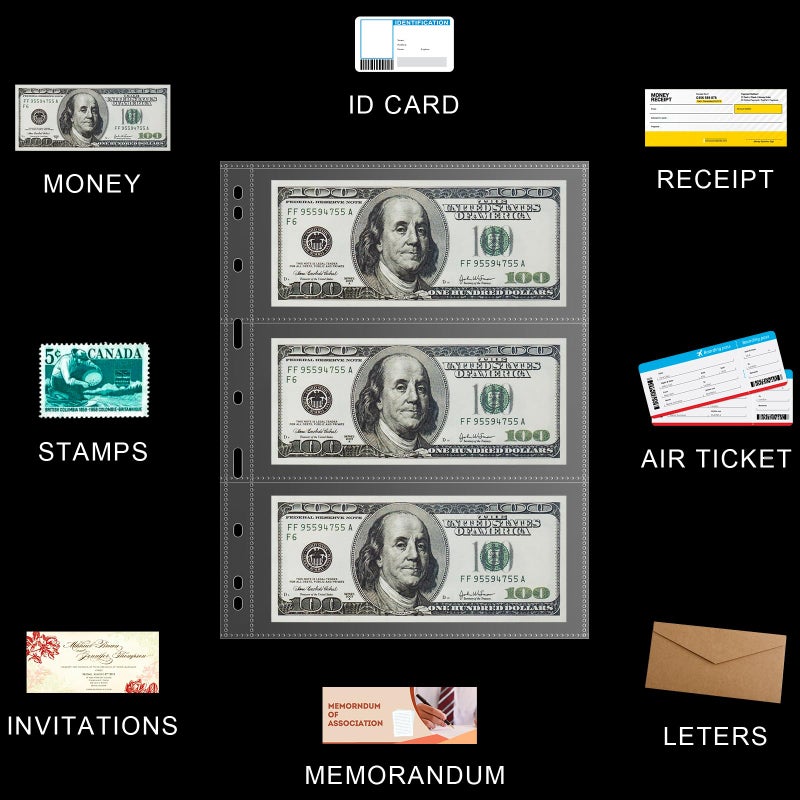 Ofiswadi 35-Page Money Binder Refill Sheets - 3-Pocket Dollar Bill Sleeves for Collectors | Non-PVC Currency Album Pages Holds US & Foreign Paper Money, Banknotes - Image 3