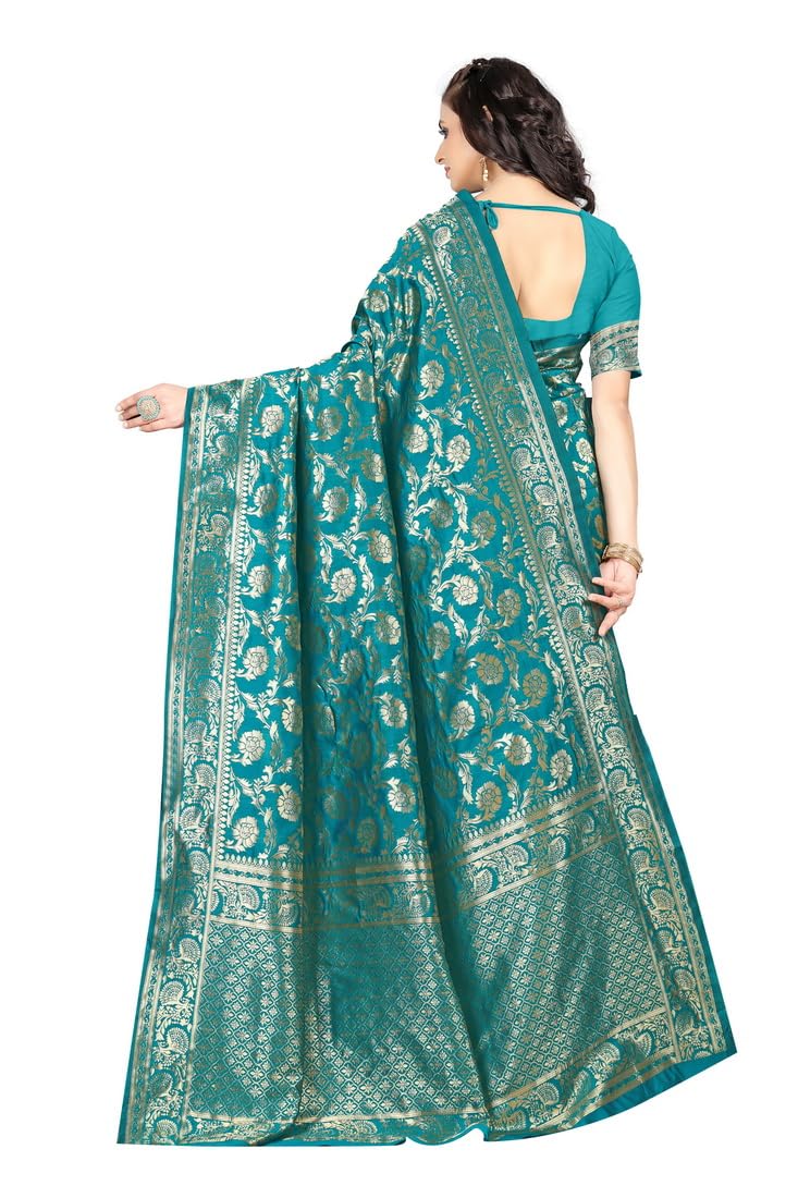 C J Enterprise نسائي نقي Kanjivaram ناعم من الحرير ساري Banarasi Design Wear Pattu Sarees أحدث حفلة قطن ساري مع قطعة بلوزة لحفل الزفاف سادي سيدات جدد 2024 (Pari164 paithani) (راما) - Image 2