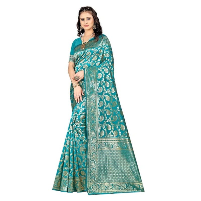 C J Enterprise نسائي نقي Kanjivaram ناعم من الحرير ساري Banarasi Design Wear Pattu Sarees أحدث حفلة قطن ساري مع قطعة بلوزة لحفل الزفاف سادي سيدات جدد 2024 (Pari164 paithani) (راما) - Image 1