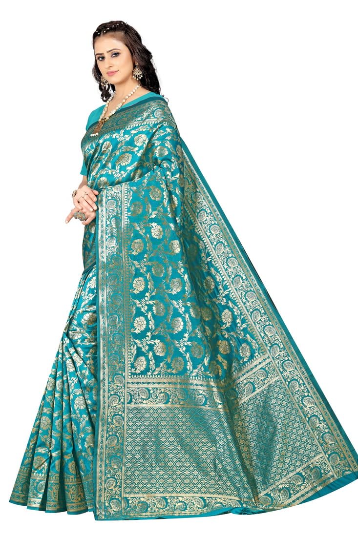C J Enterprise نسائي نقي Kanjivaram ناعم من الحرير ساري Banarasi Design Wear Pattu Sarees أحدث حفلة قطن ساري مع قطعة بلوزة لحفل الزفاف سادي سيدات جدد 2024 (Pari164 paithani) (راما) - Image 3