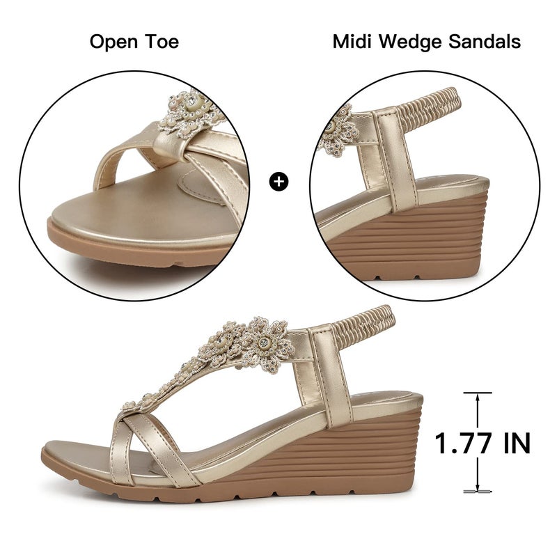 TEMOFON Women's Low Wedge Heels Summer Dressy Platform Sandals Elastic Ankle Strap Open Toe Shoes Gold Champagne Size 9 - Image 5