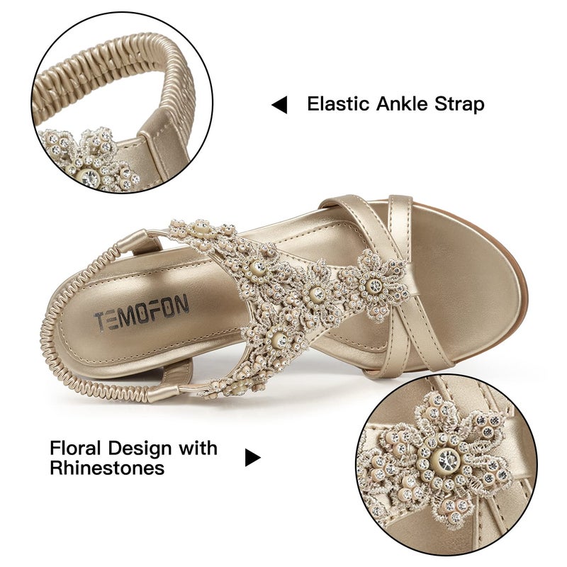 TEMOFON Women's Low Wedge Heels Summer Dressy Platform Sandals Elastic Ankle Strap Open Toe Shoes Gold Champagne Size 9 - Image 4