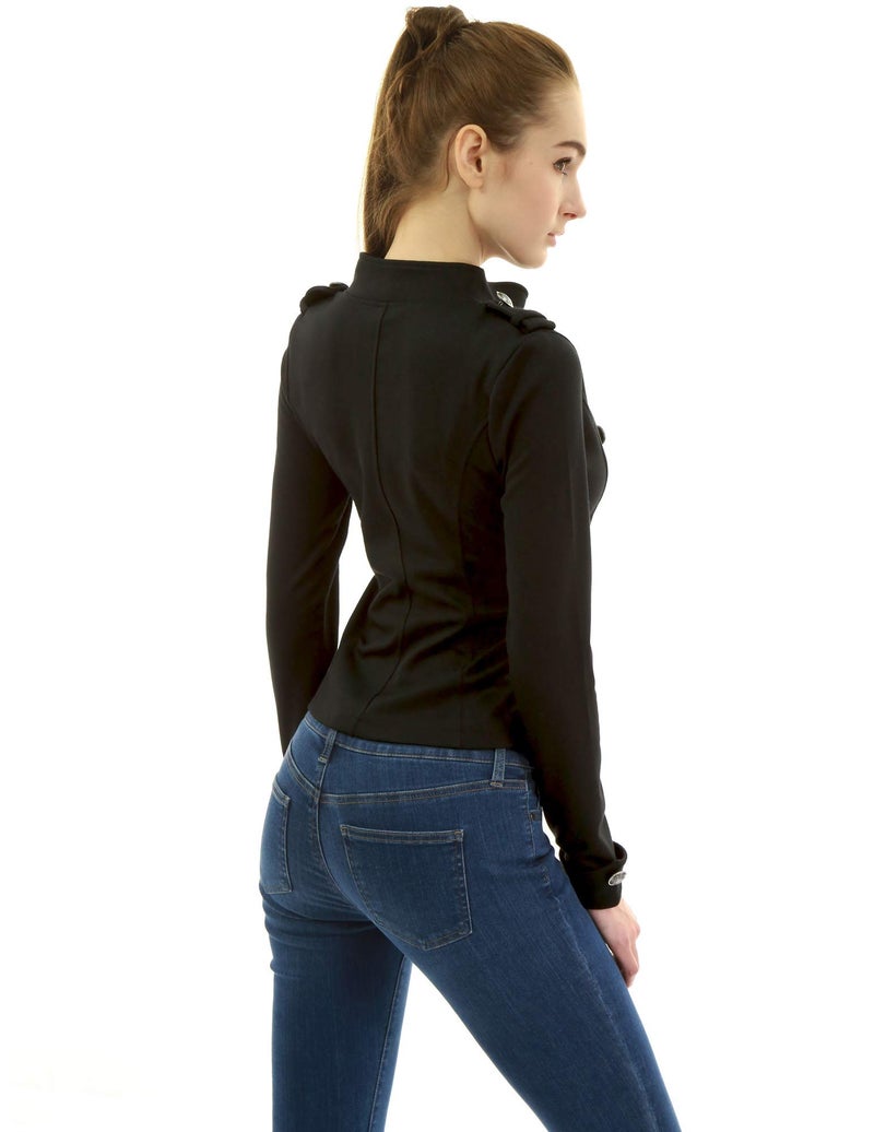 AmélieBoutik Women Zip Front Stand Collar Military Light Jacket(Black X-Small) - Image 4