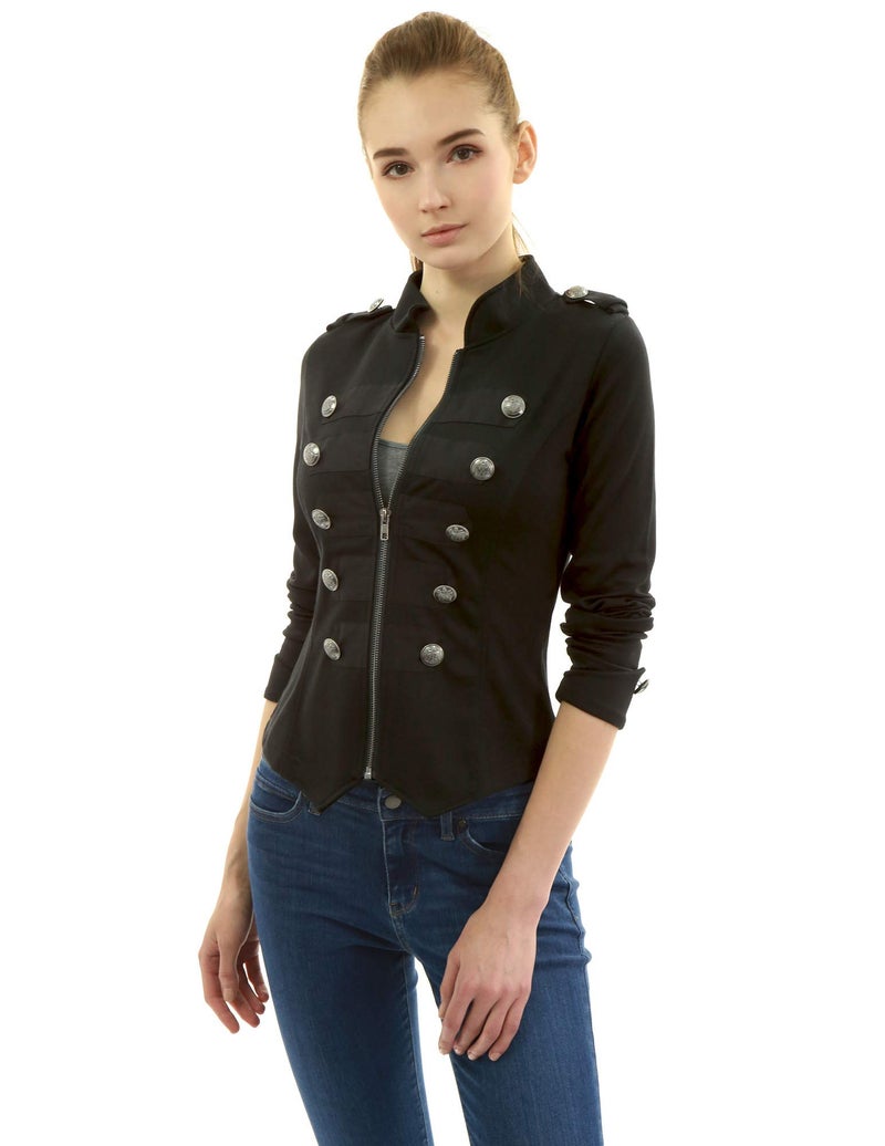 AmélieBoutik Women Zip Front Stand Collar Military Light Jacket(Black X-Small) - Image 5