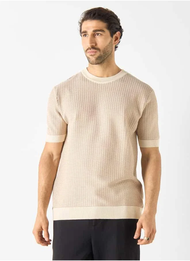 Iconic Iconic Textured Crew Neck T-shirt with Short Sleeves