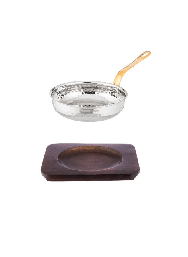 🍳 Indian-style hammered stainless steel frying pan with a premium wooden base – 15.5 cm | 600 ml capacity | Elegant design with a gold handle - Image 3
