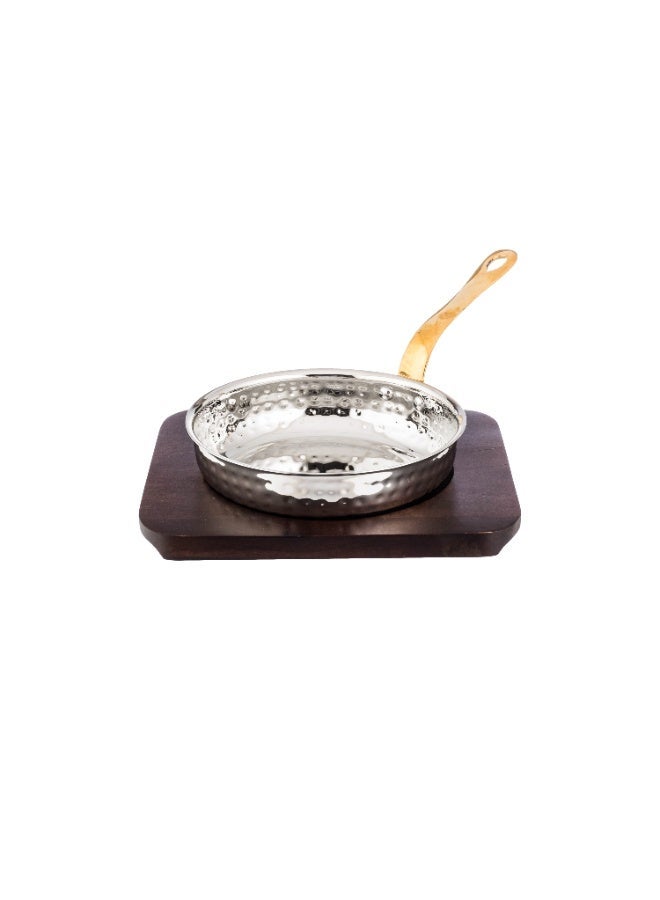 🍳 Indian-style hammered stainless steel frying pan with a premium wooden base – 15.5 cm | 600 ml capacity | Elegant design with a gold handle - Image 2