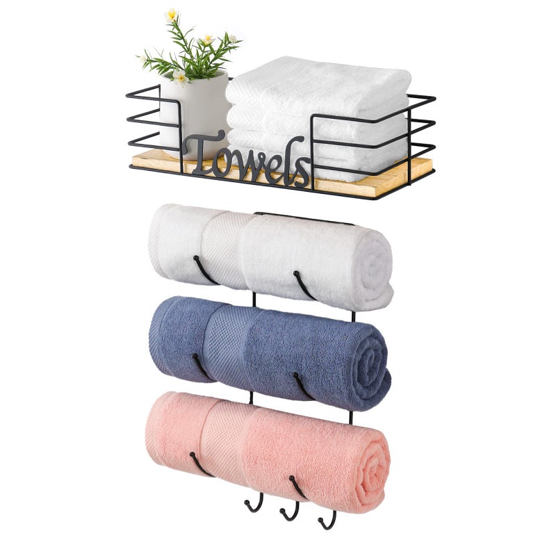 Towel Holder Wall Mounted for Small Bathroom Wall Roll Towel Rack with 3 Hooks and Wooden Shelf Drilling and NoDrill Installation Options Available Black