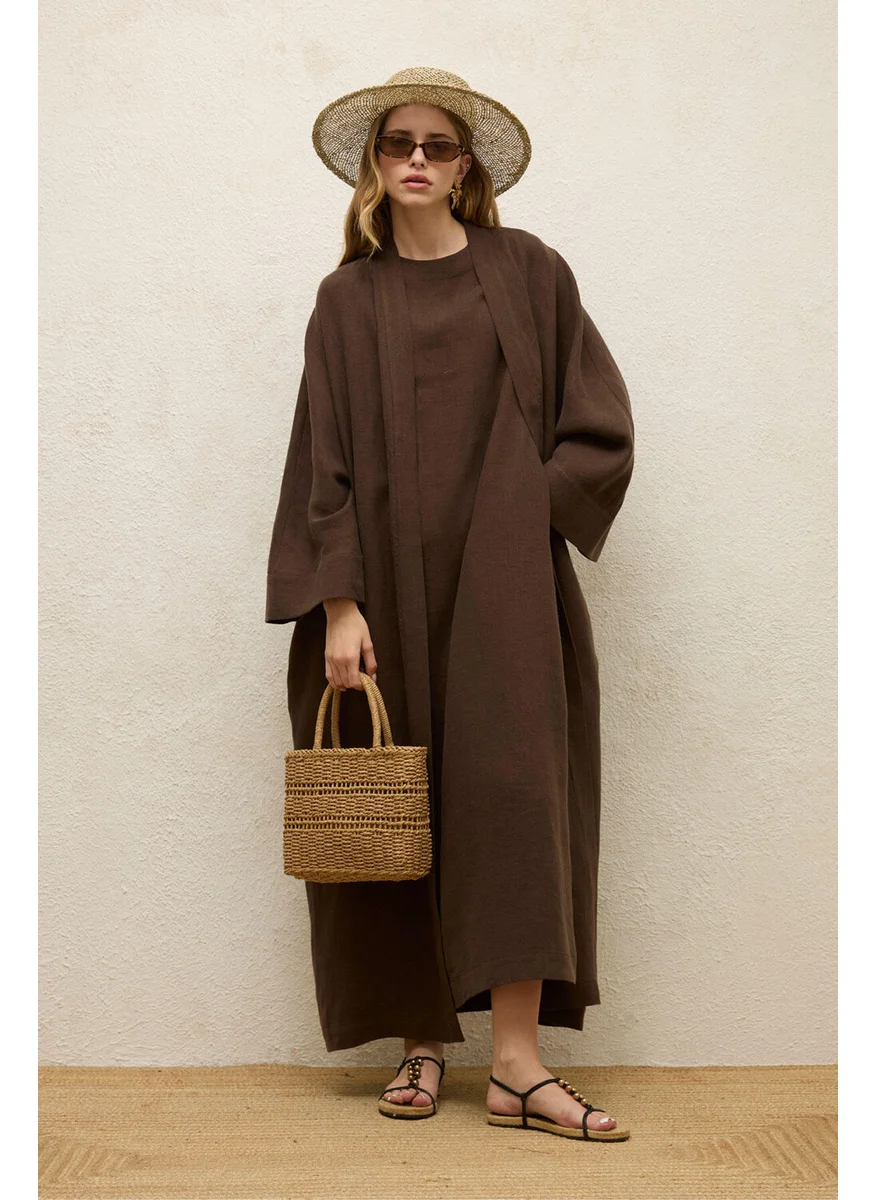 مانوكا Linen Long Kimono Jacket Dark Brown