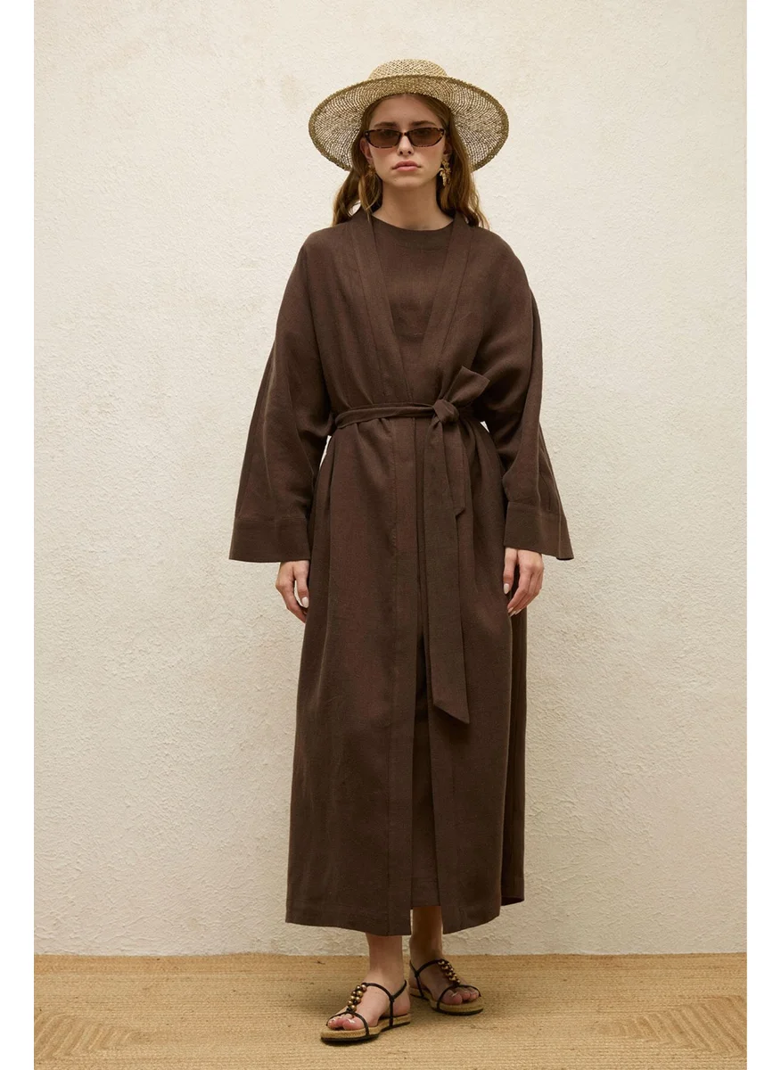 Manuka Linen Long Kimono Jacket Dark Brown