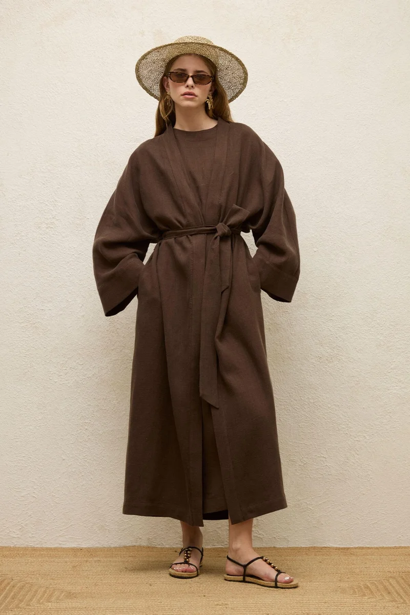 Manuka Linen Long Kimono Jacket Dark Brown