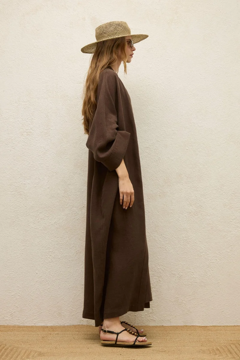 Manuka Linen Long Kimono Jacket Dark Brown
