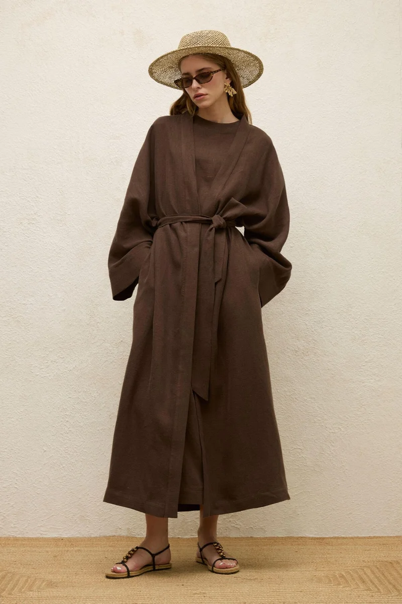 Manuka Linen Long Kimono Jacket Dark Brown