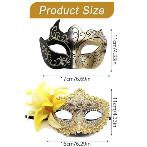 Plexaris Masquerade Masks, 2 Pack Halloween Masquerade Mask, Couples Masquerade Mask for Women & Man, Feather Gold Lace Party Mask, Masquerade Masks for Carnival Prom Ball Fancy Dress Party Supplies - Image 5