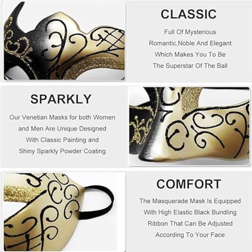 Plexaris Masquerade Masks, 2 Pack Halloween Masquerade Mask, Couples Masquerade Mask for Women & Man, Feather Gold Lace Party Mask, Masquerade Masks for Carnival Prom Ball Fancy Dress Party Supplies - Image 4