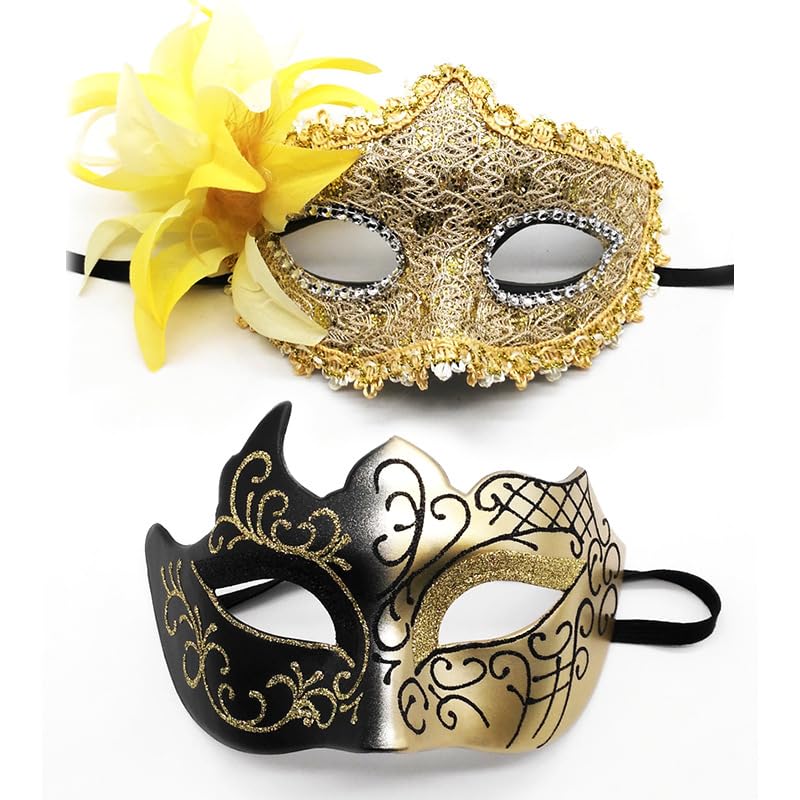 Plexaris Masquerade Masks, 2 Pack Halloween Masquerade Mask, Couples Masquerade Mask for Women & Man, Feather Gold Lace Party Mask, Masquerade Masks for Carnival Prom Ball Fancy Dress Party Supplies - Image 3