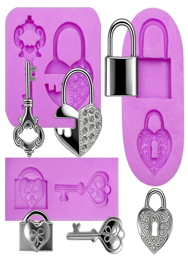 Acvcatto Silicone Lock and Key Fondant Molds, Heart Shaped Padlock and Vintage Key Molds for Cake Decorating DIY Candy Jelly Baking Tools Handmade Soap Epoxy Resin Craft, 3 Piece Set - Image 1